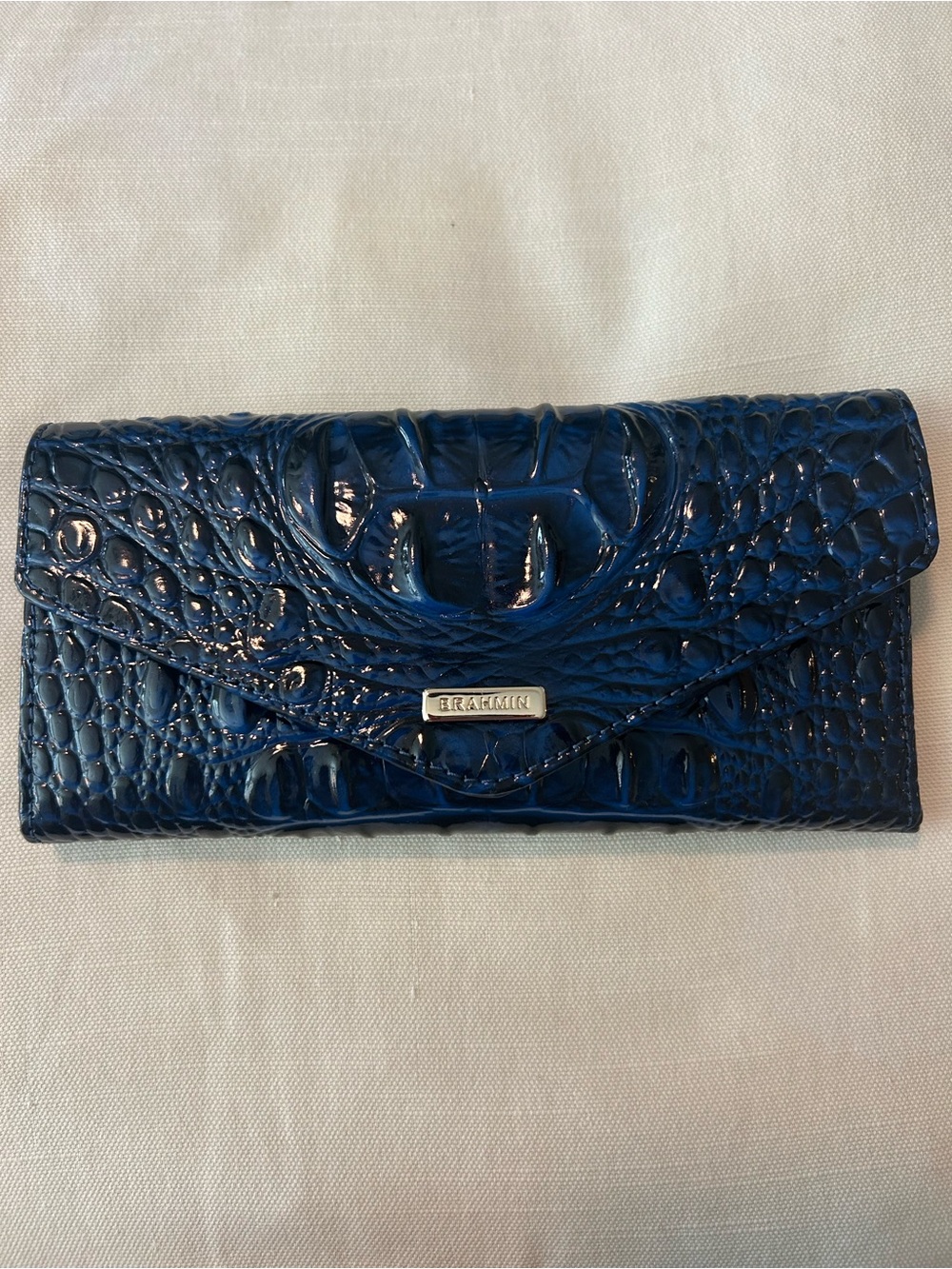 Brahmin Glossy Croc-Embossed Leather Wallet in Navy Blue